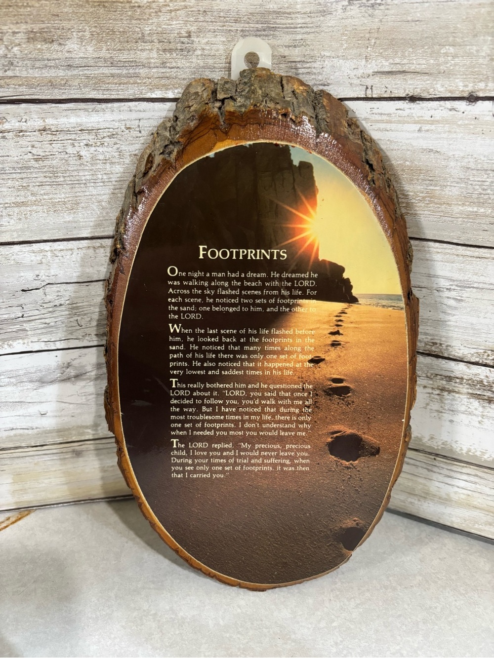 Vintage live edge slab art with Footprints poem